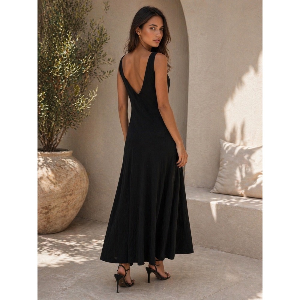 Ralph Lauren Black Cotton Sleeveless V-Back Flare Maxi Dress Small - Picture 2 of 10